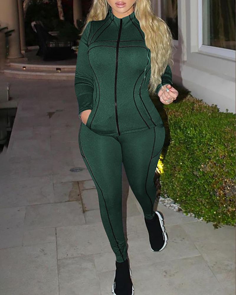 

Zipper Design Coat & High Waist Pants Set, Green
