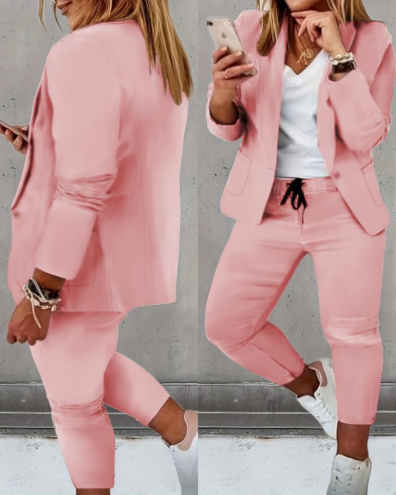 

Plus Size Blazer Coat & Drawstring Pants Set, Pink