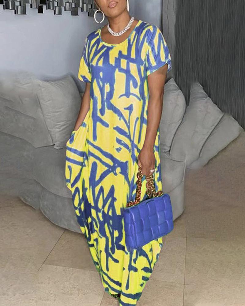 

Abstract Print Pocket Design Casual Dress, Yellow