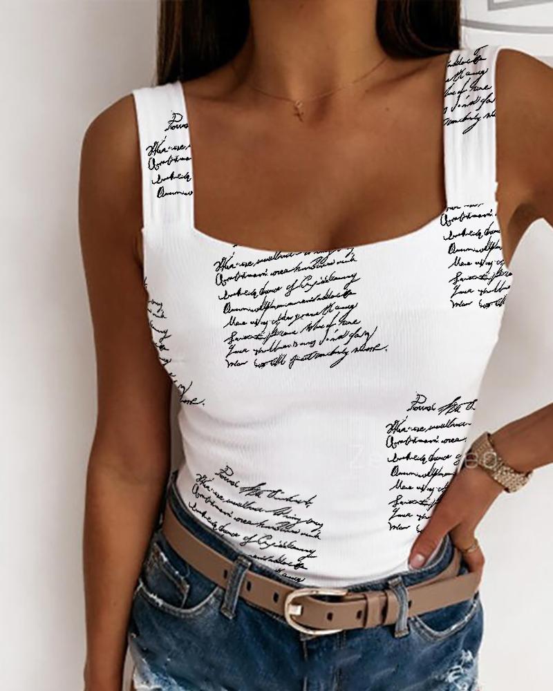 

Letter Print Ribbed Tank Top, White