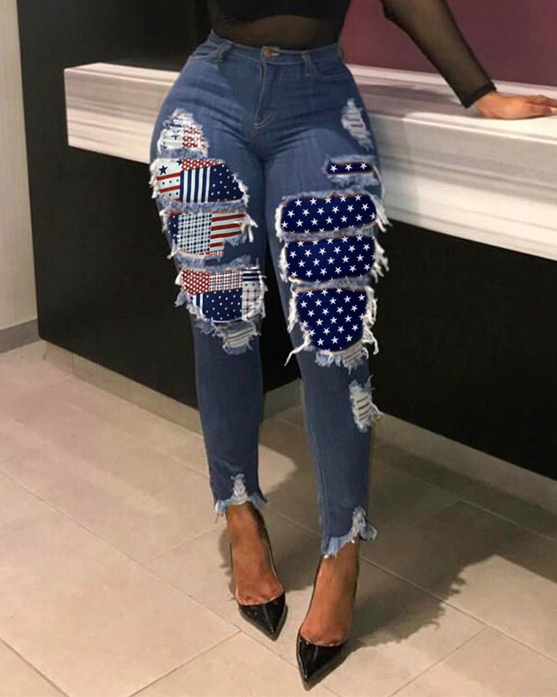 

Flag Print Ripped High Waist Jeans, Dark blue