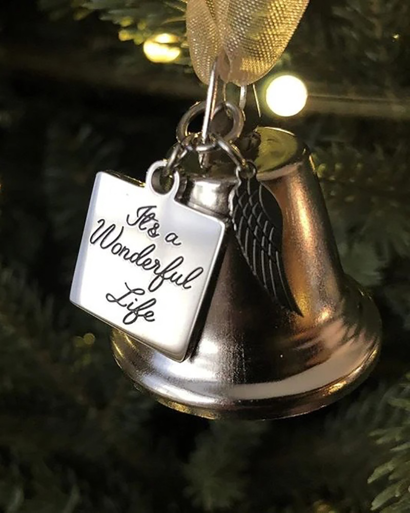 

It's a Wonderful Life Inspired Christmas Angel Bell Ornament With Stainless Steel Angel Wing & Ribbon, Silver