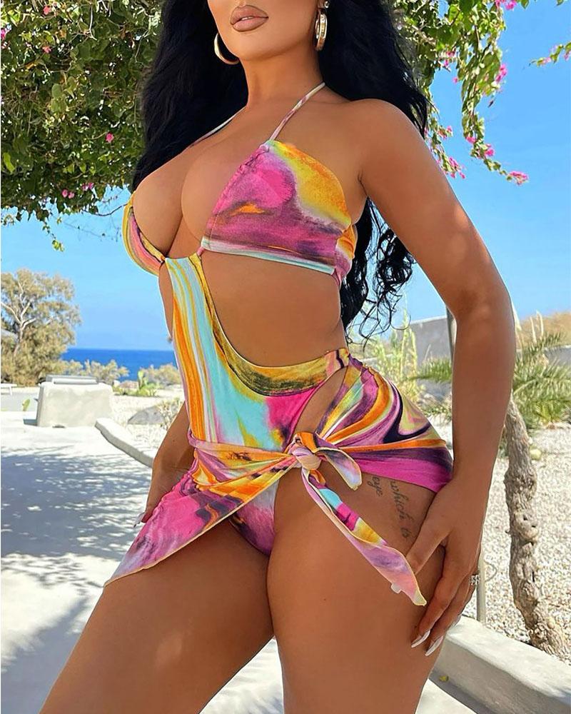 

Abstract / Leopard / Tropical Print One-Piece Swimsuit With Cover Up, Style2