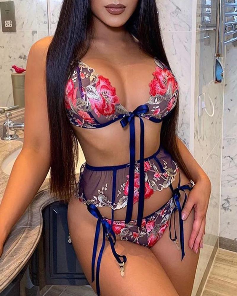 

Floral Embroidery Sheer Mesh Bowknot Design Garter Lingerie Set, Blue