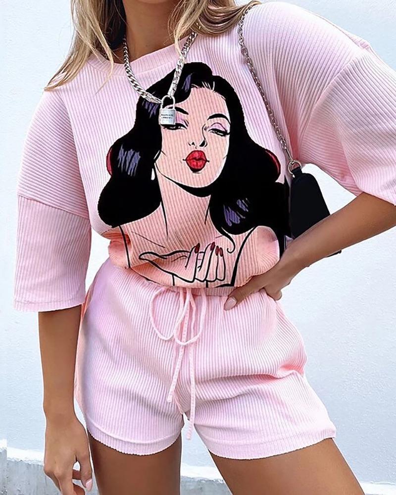 

Cartoon Figure Print Ribbed Top & Drawstring Shorts Set, Pink