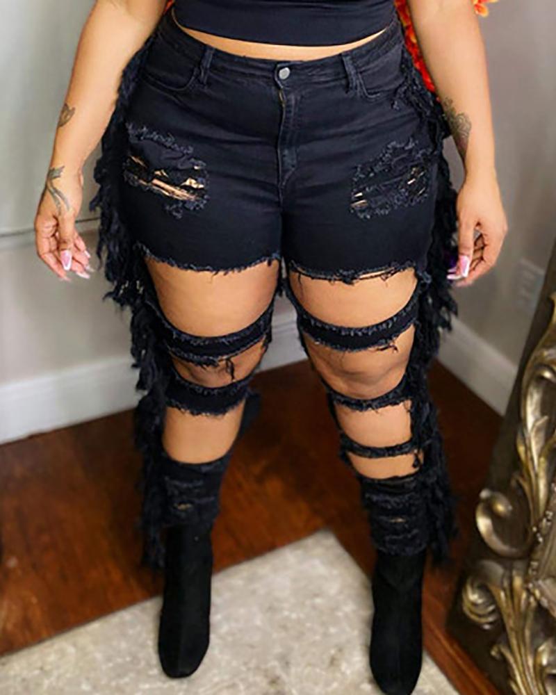 

Plus Size Fringe Hem Cutout Ripped Jeans, Black