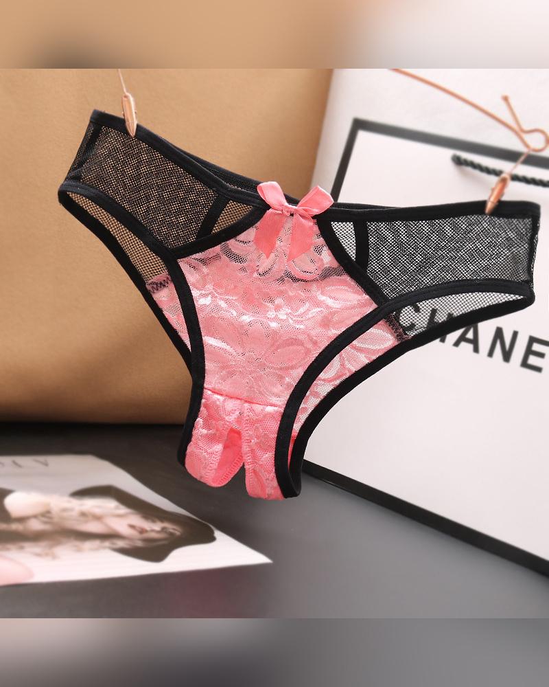

Sexy See-through Color Block Lace Mesh Skinny Thong Panties, Pink