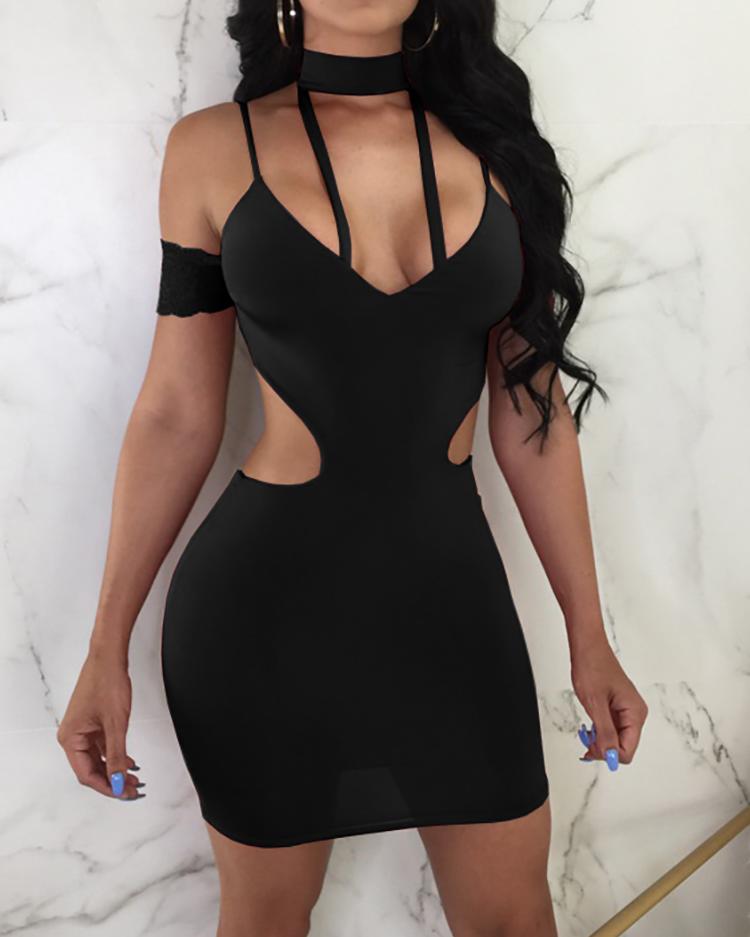 

Strappy Cold Shoulder Backless Choker Neck Slip Party Dress, Black