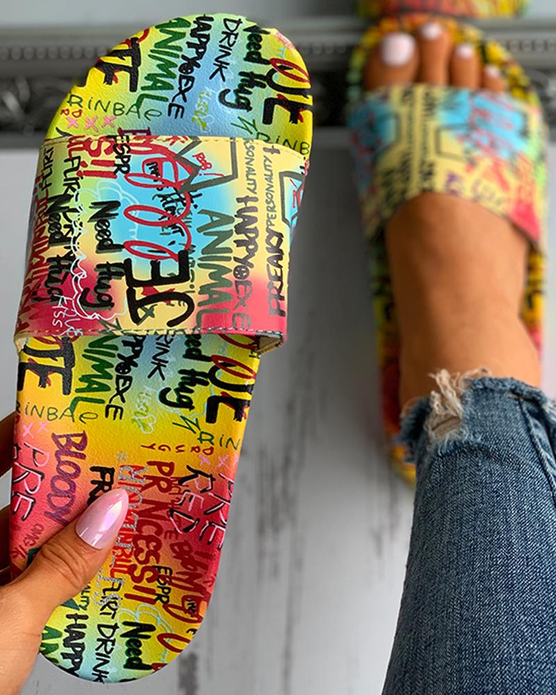 

Letter Print Open Toe Flat Sandals, Multicolor