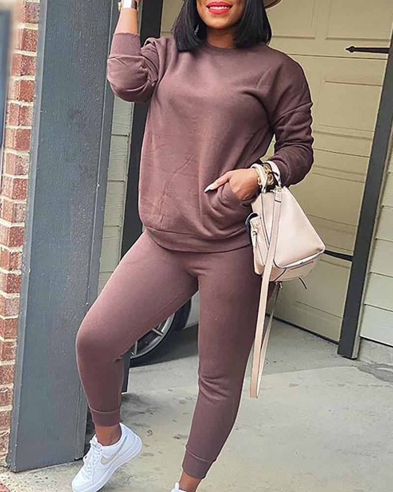 

Pocket Design Casual Top & Pants Set, Brown