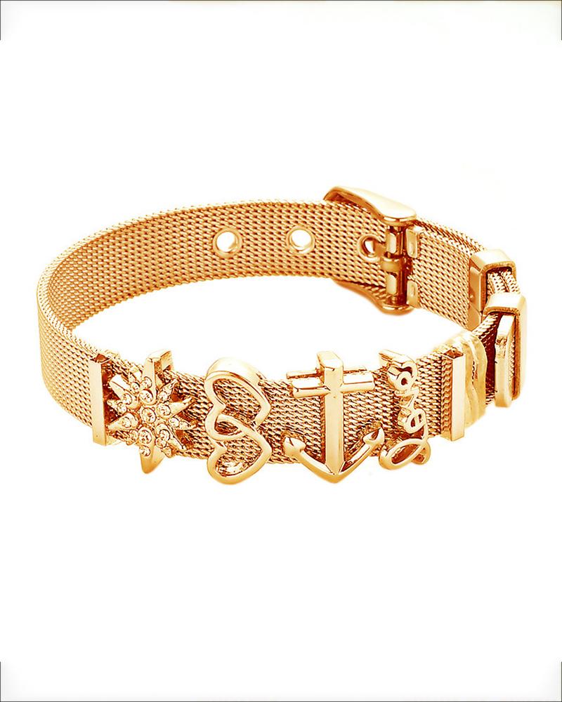 

Anchor & Heart & Letter Pattern Studded Braided Bracelet, Gold