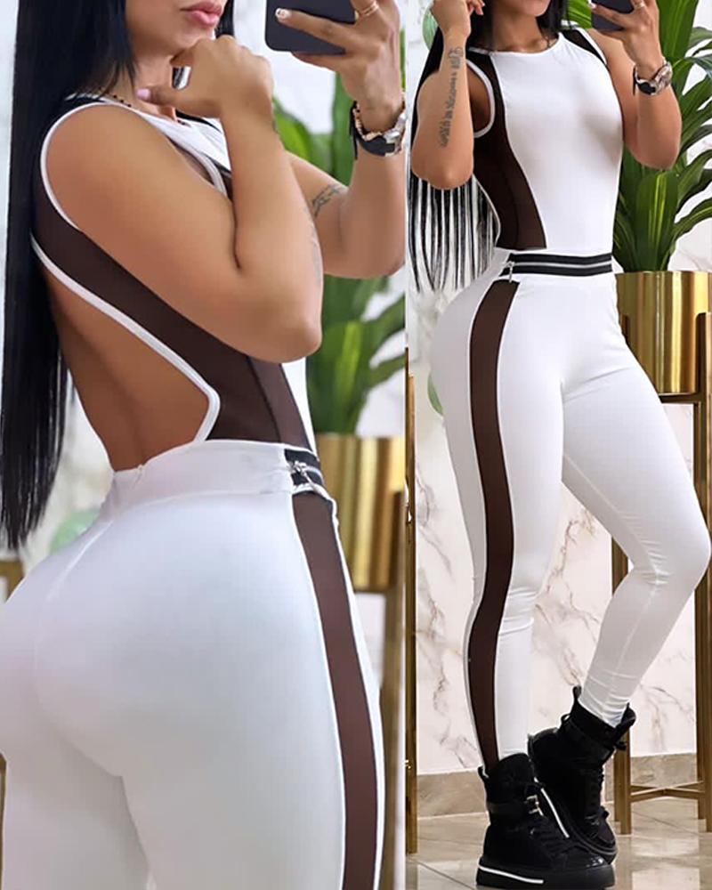 

Sheer Mesh Patch Backless Jumpsuit, White