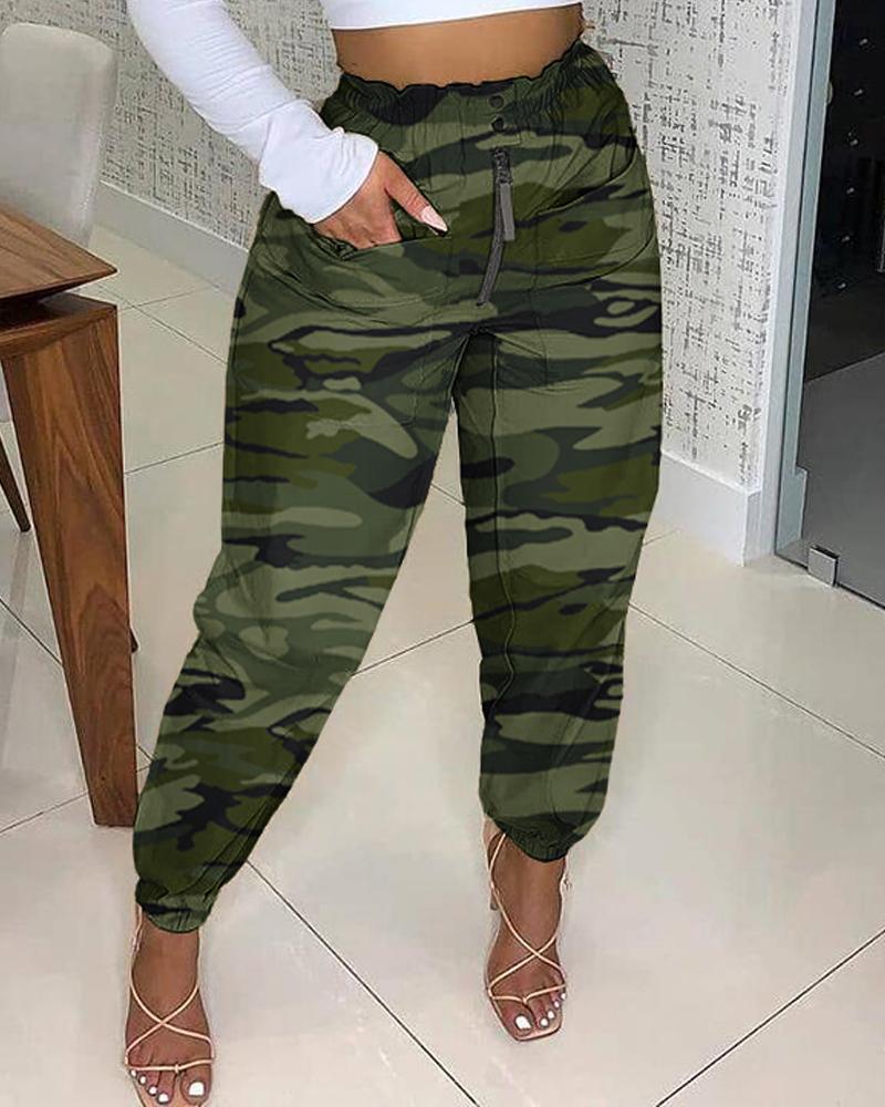 

Camo Print Zip Detail High Waist Cuffed Cargo Pants, Camoflage