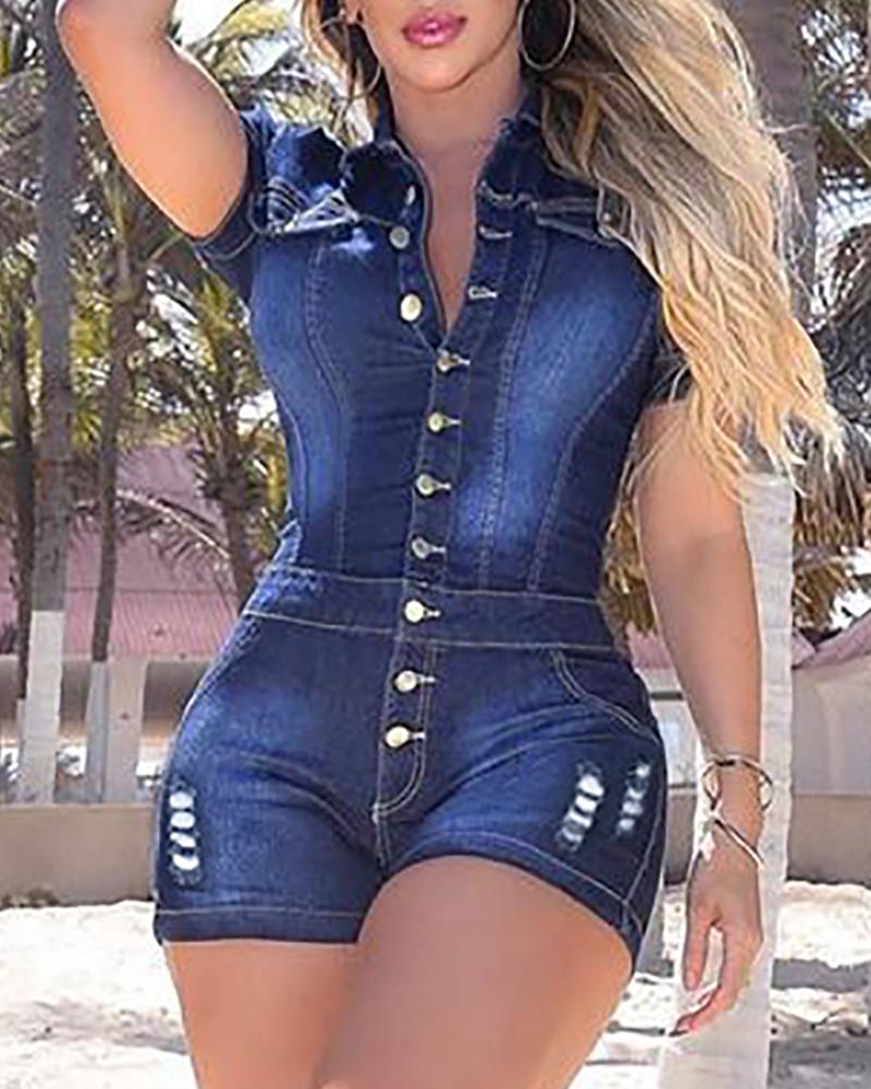 

Ripped Buttoned Pocket Design Denim Romper, Blue