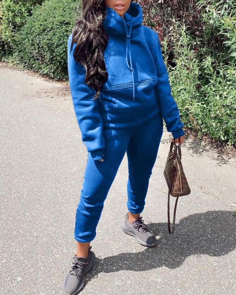 

Solid Long Sleeve Loose Hoodies Sweatshirts Suit Sets, Blue