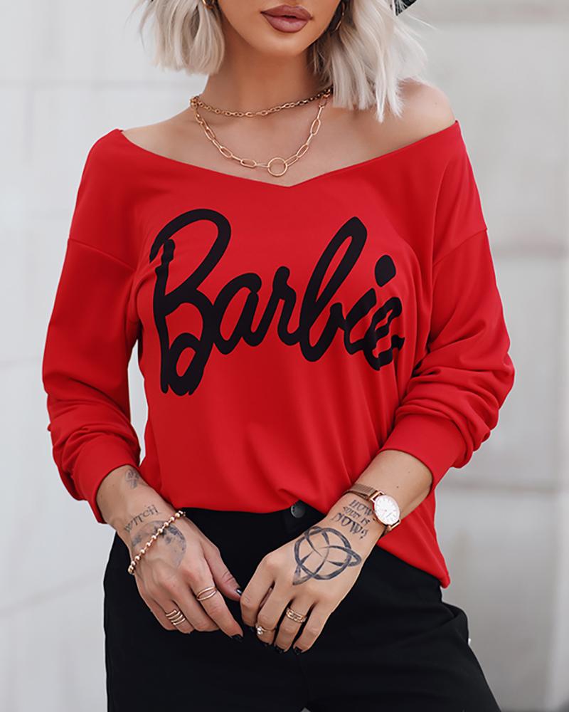 

Letter Print V-Neck Long Sleeve Top, Red