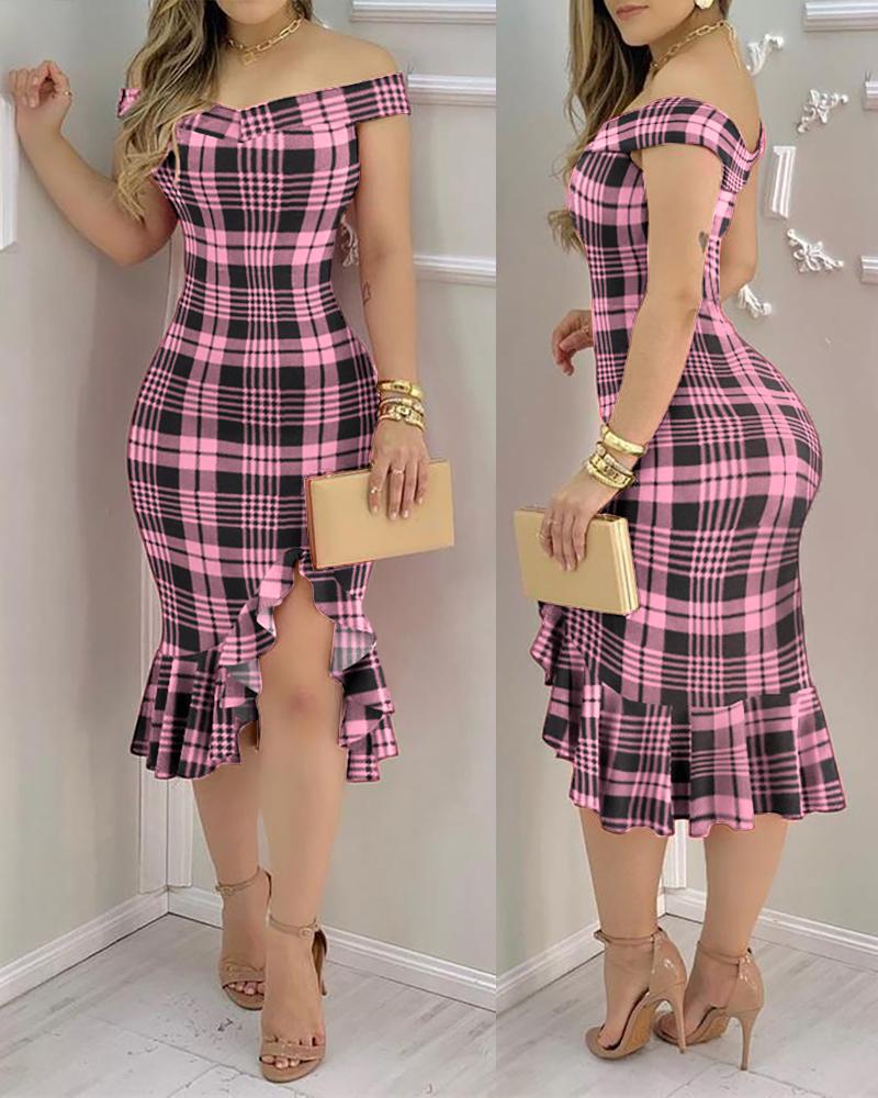 

Plaid Off Shoulder Ruffle Hem Slit Dress, Pink