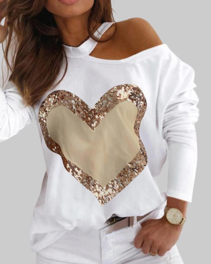 

Valentine's Day Sequin Heart Patch Cold Shoulder Top, White