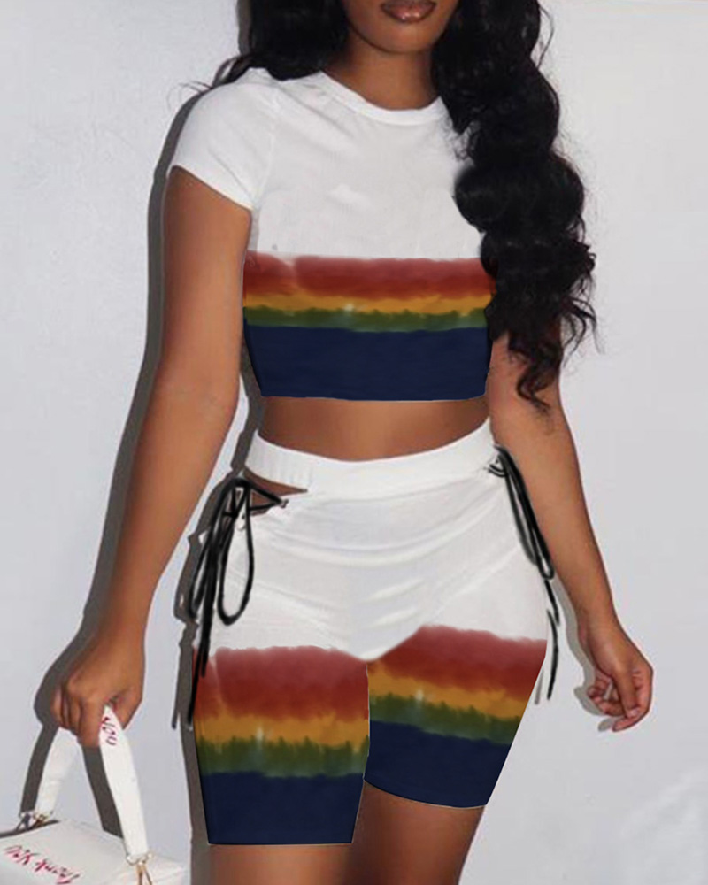 

Tie Dye Print Colorblock Crop Top & Eyelet Lace-up Shorts Set, White