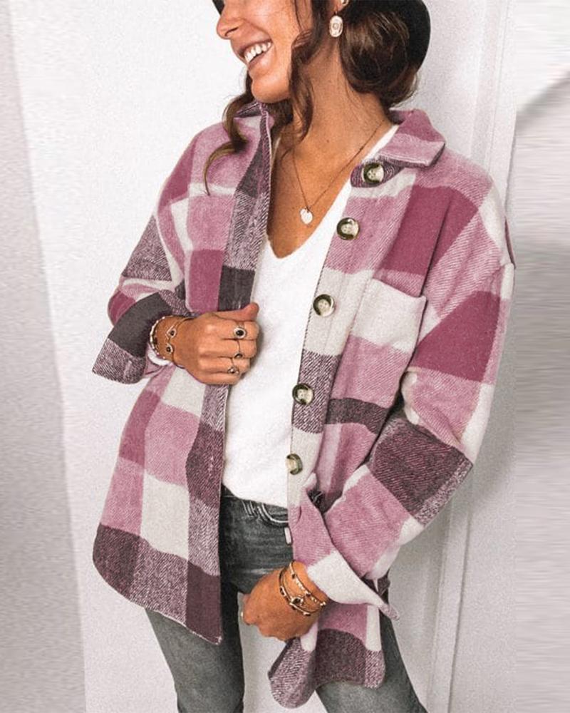 

Plaid Print Long Sleeve Button Down Shacket, Pink