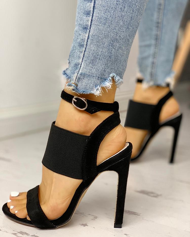 

Open Toe Elastic Strap Heeled Sandals, Black