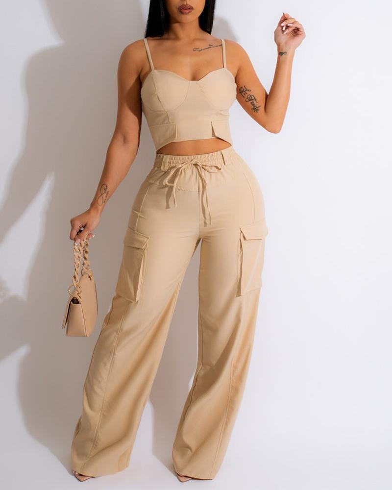 

Crop Cami Top & Pocket Design Pants Set, Apricot