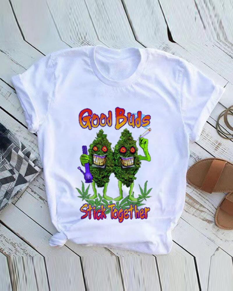 

Christmas Cartoon Buds Print Short Sleeve T-shirt, White