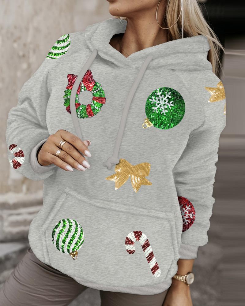 

Christmas Sequin Graphic Pattern Hooded Sweatshirt, Gray