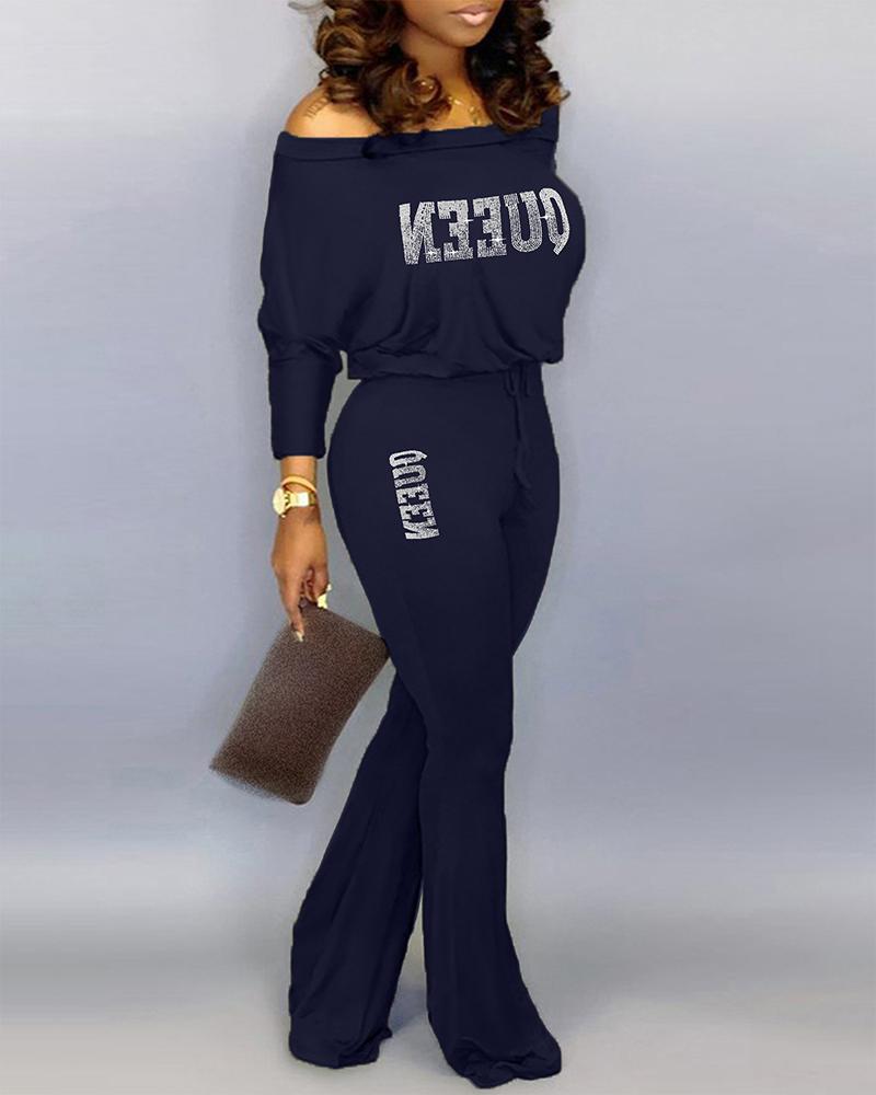 

Rhinestone Letter Pattern Off Shoulder Jumpsuit, Dark blue