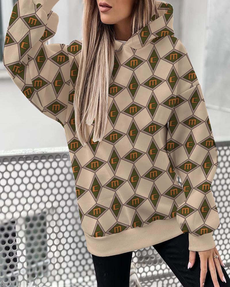 

ChicMe Argyle Letter Print Long Sleeve Hoodie, Khaki