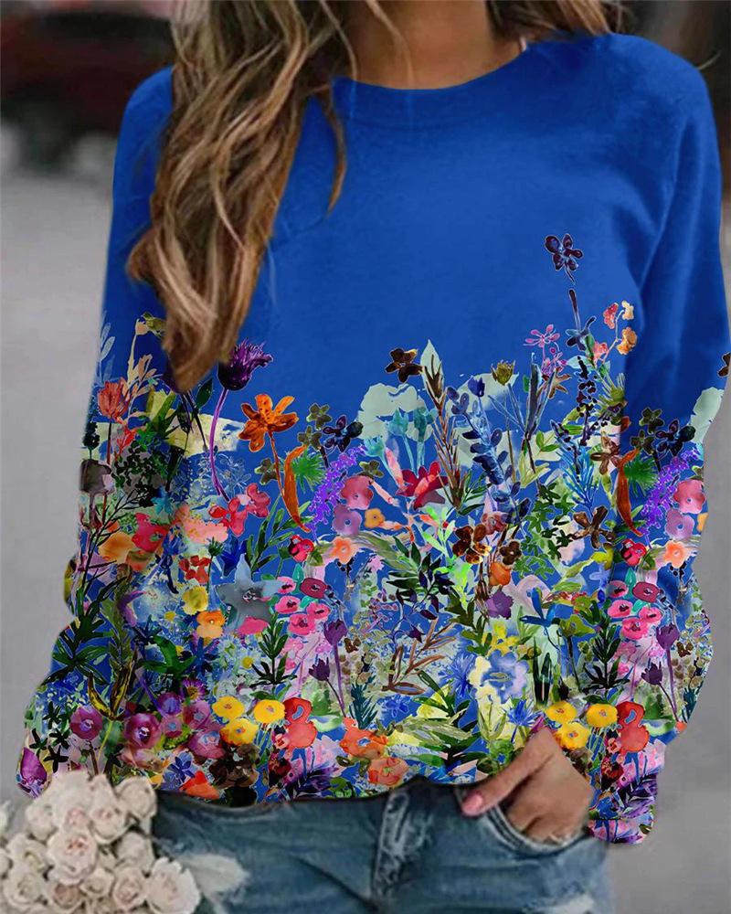 

Floral Print Long Sleeve Casual Sweatshirt, Blue