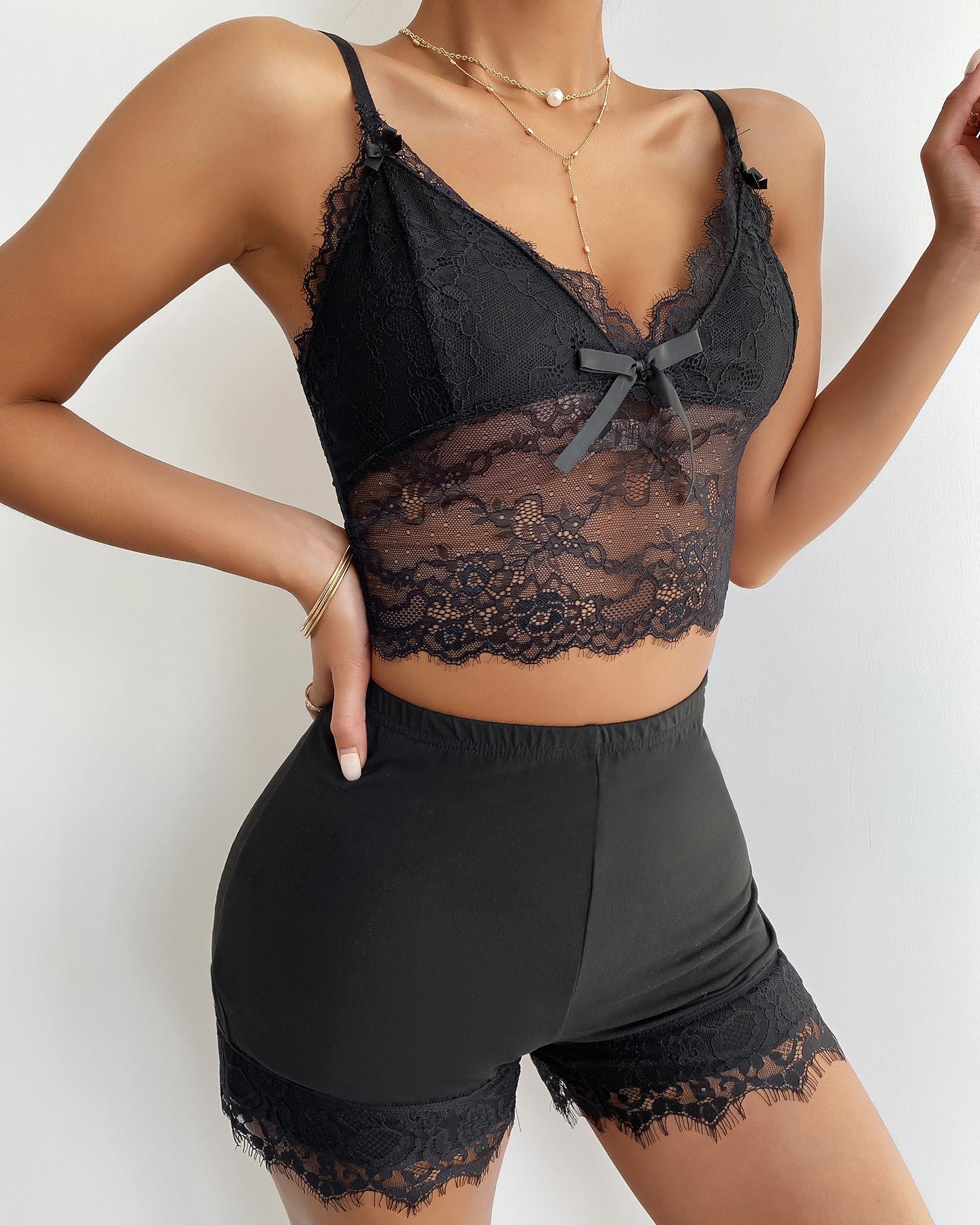 

Eyelash Lace Trim Cami Set, Black
