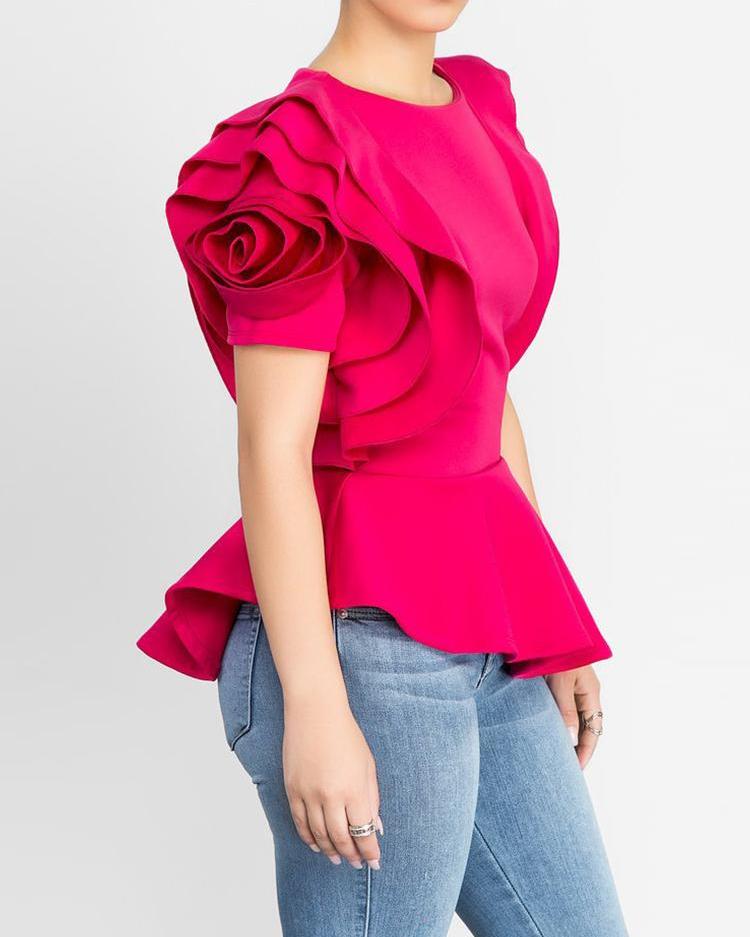 

Layered Sleeve Ruffles Hem Irregular Solid Blouse, Red
