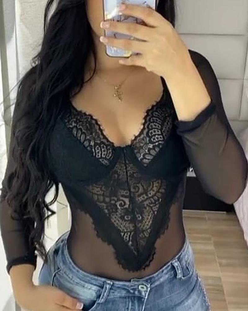 

Sheer Mesh Eyelash Lace Long Sleeve Bodysuit, Black