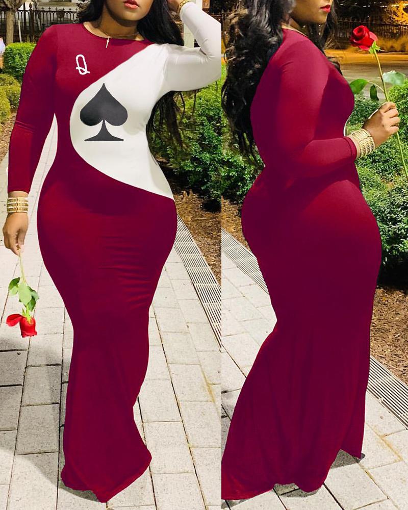 

Plus Size Poker Print Colorblock Long Sleeve Maxi Dress, Wine red