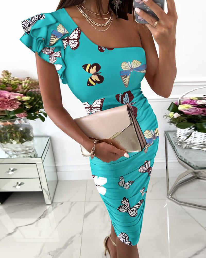 

Butterfly Print One Shoulder Ruched Bodycon Dress, Blue