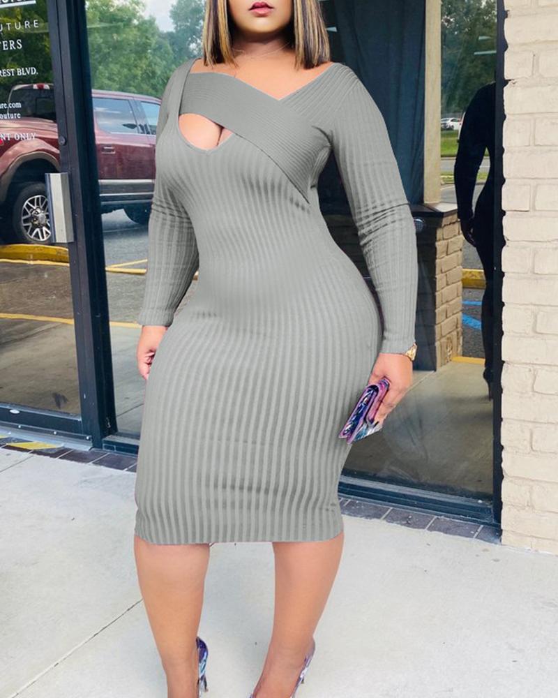 

Solid Long Sleeve Cut-out Skinny Party Dress, Gray