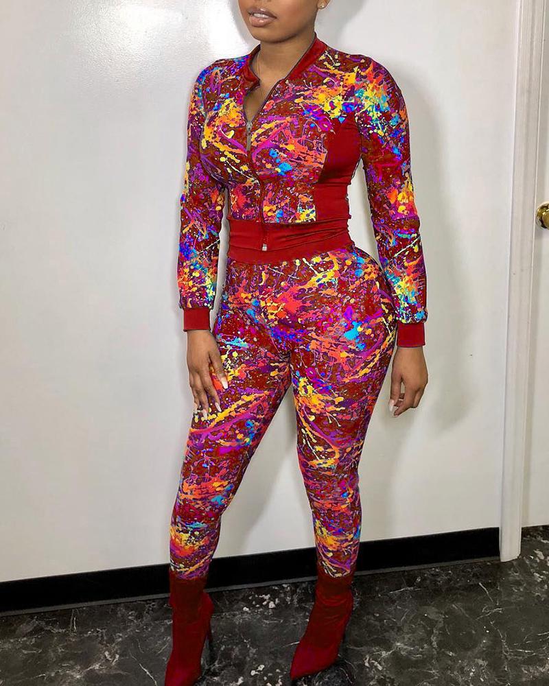 

Colorblock Zipper Front Long Sleeve Top & High Waist Pants Set, Red