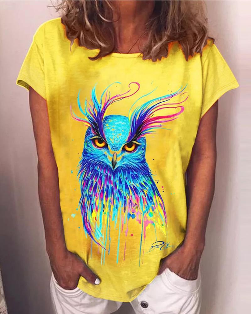 

Animal Pattern Print Short Sleeve Casual T-Shirt, Yellow