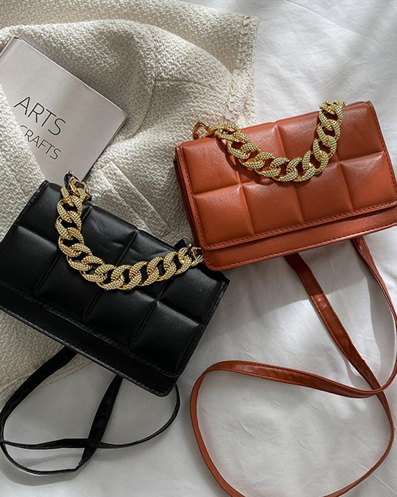 

Chain Handle Flap Satchel Bag, Brown