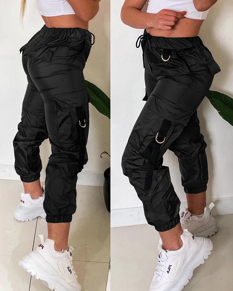 

Tape Patch Pocket Design Cuffed Pants, Black