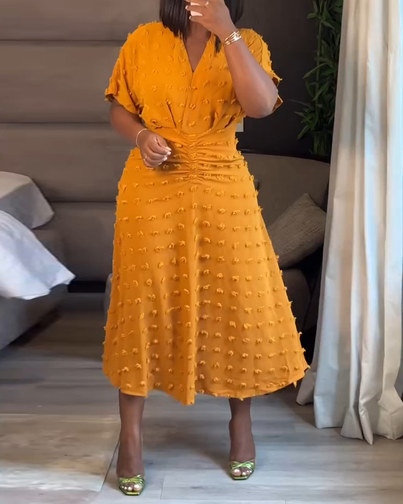 

Vestido midi informal con cuello en V y manga corta con lunares suizos., Dark yellow