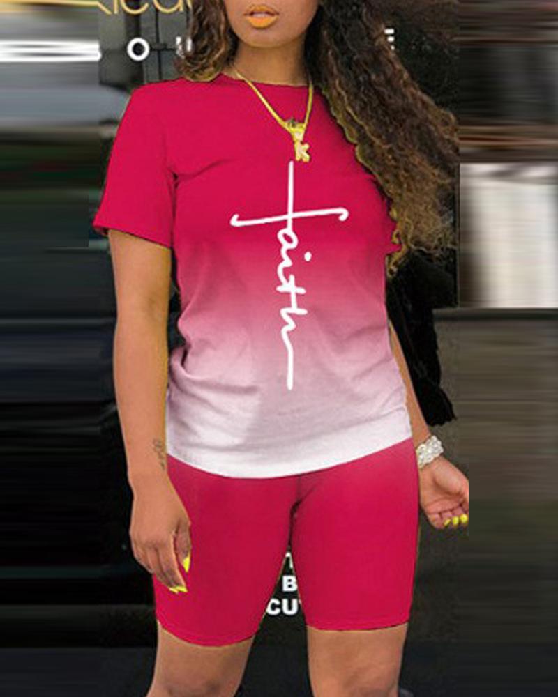 

Plus Size Letter Print Ombre Casual Top & Shorts Set, Hot pink