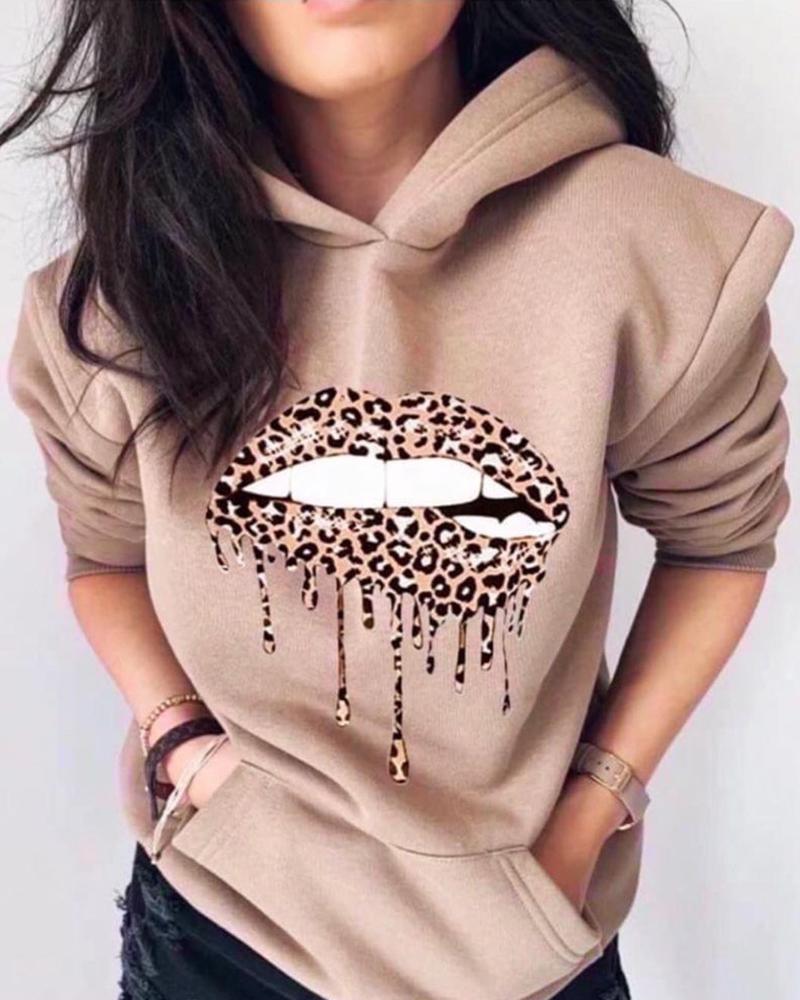 

Lip Cheetah Print Pocket Design Hooded Top Casual Print Daily Hoodie, Khaki