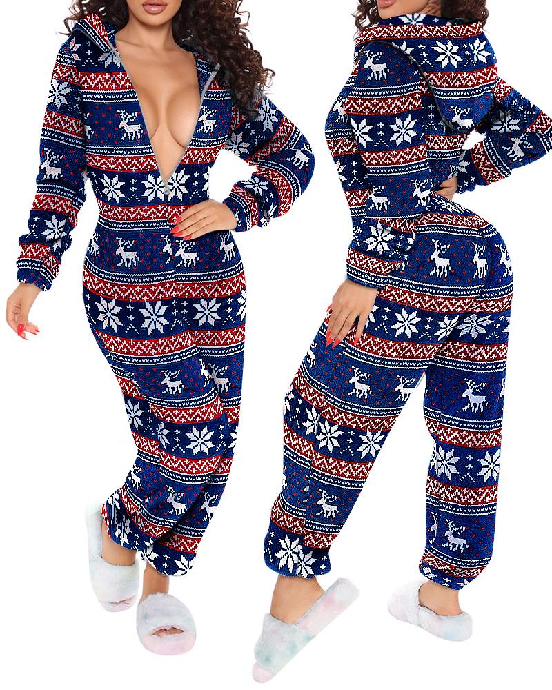

Christmas Snowflake Elk Print Zip Front Hooded Lounge Jumpsuit, Blue