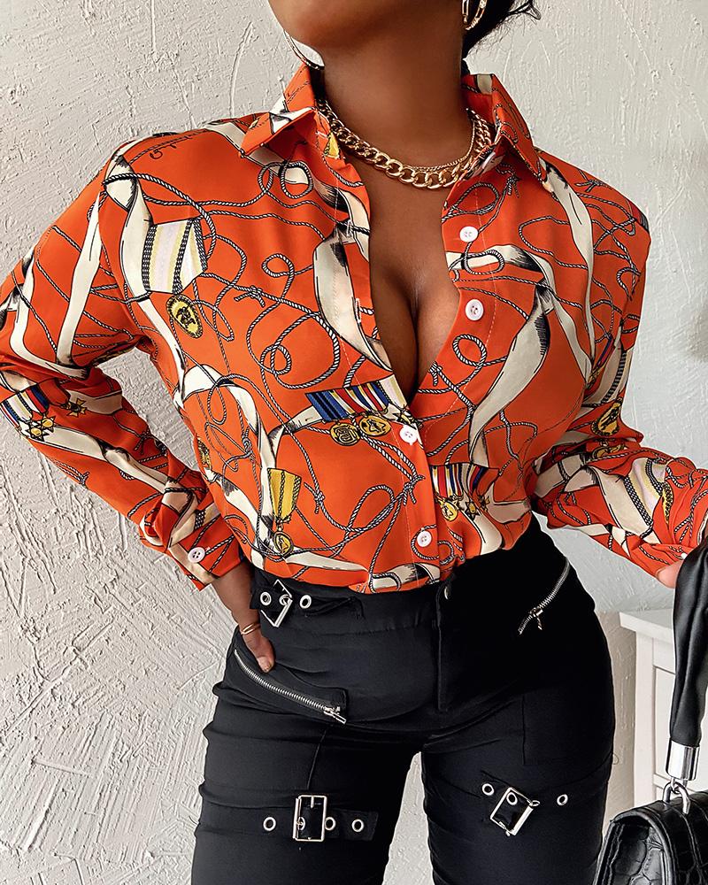 

Button Design Long Sleeve Graphic Print Shirt, Orange