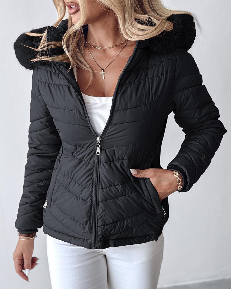 

Zipper Pocket Design Shirred Fuzzy Trim Fleece Lined Hooded Puffer Jacket, Black