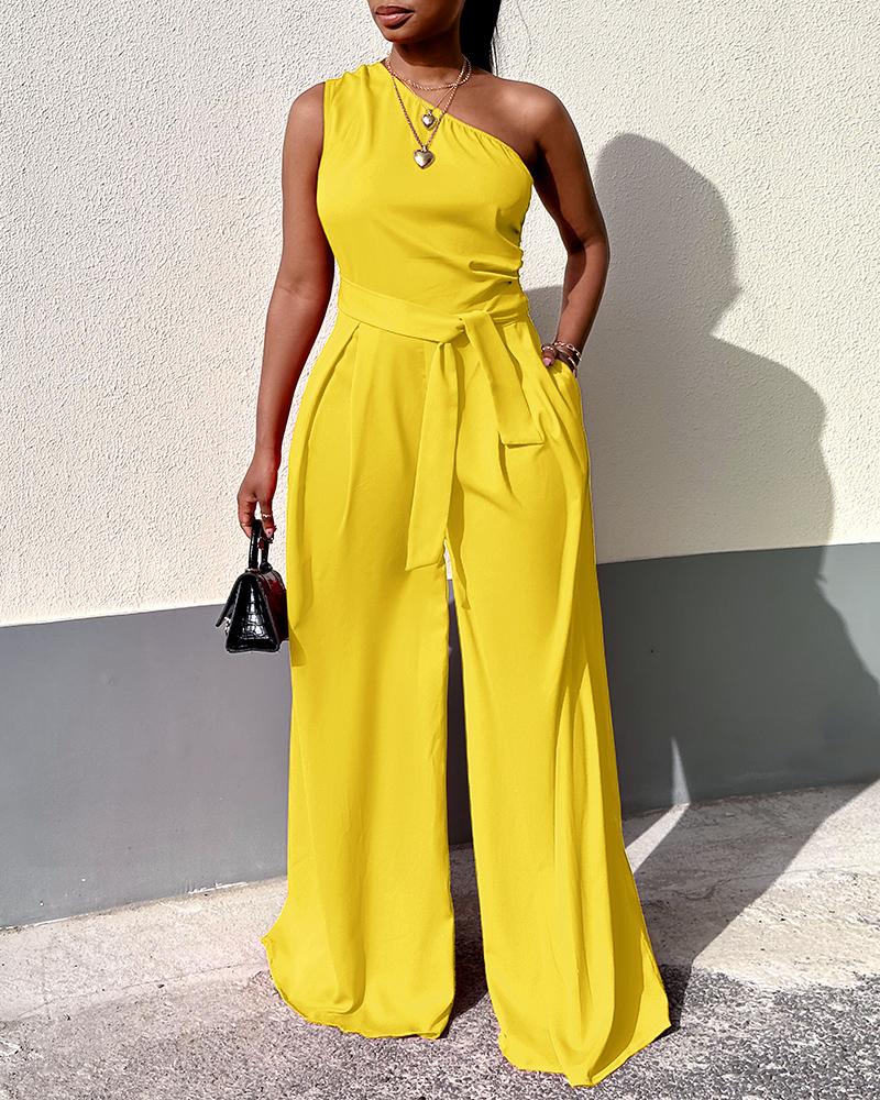 

One Shoulder Sleeveless Wide Leg Jumpsuit, Yellow