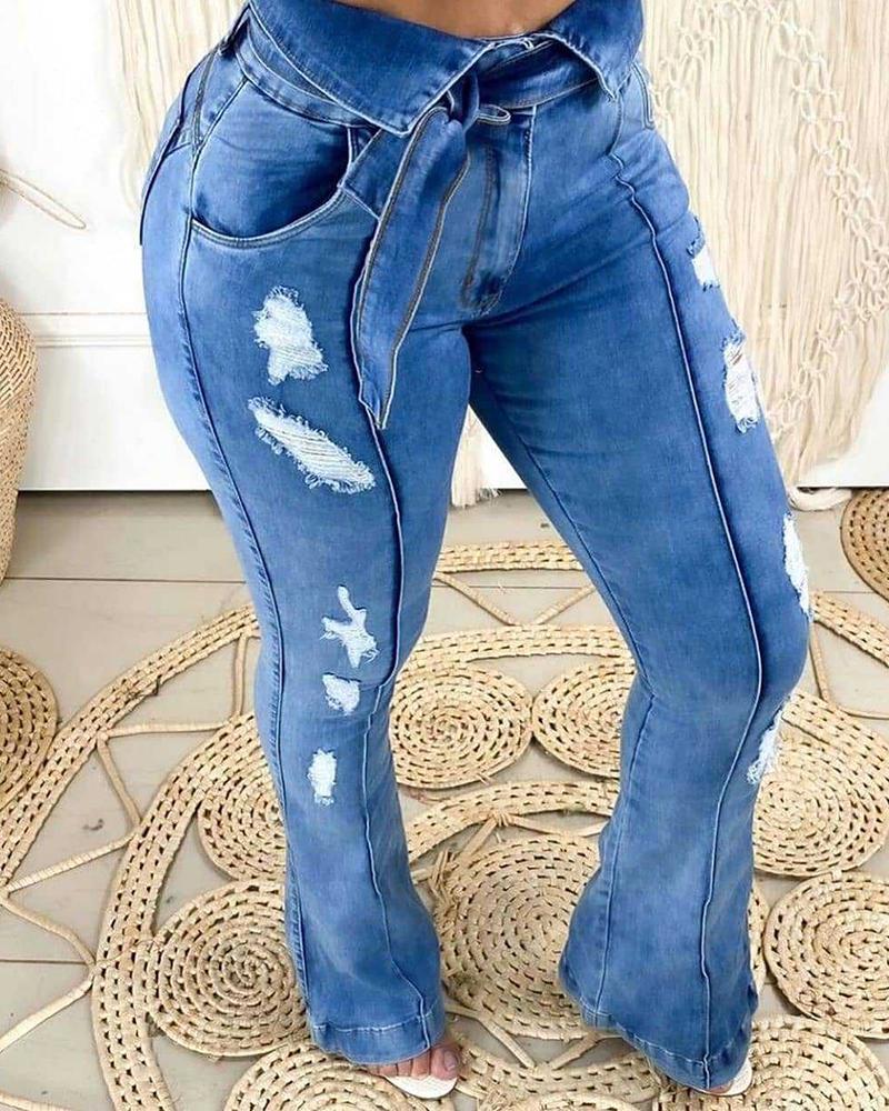 

High Waist Pocket Design Ripped Bootcut Jeans, Blue