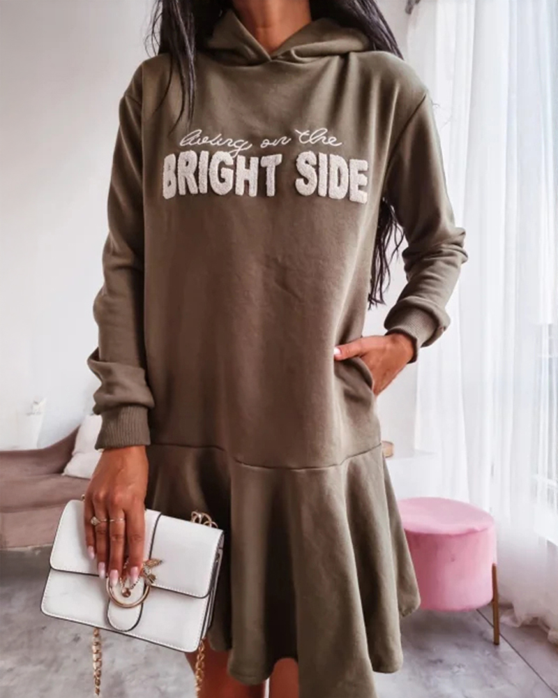 

Letter Pattern Long Sleeve Ruffle Hem Dress Casual Pocket Design Hoodie Sweatshirt Dress, Khaki